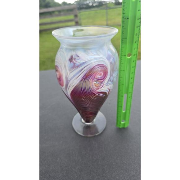 Ron Hinkle Art Glass Vase 2006 Iridescent Swirl Pedestal Signed Handmade Decor - Picture 12 of 12